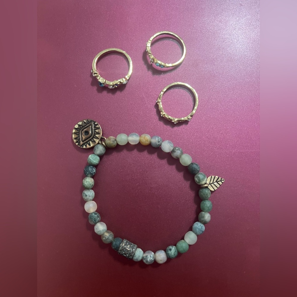 Gold and Green Beaded Bracelet and Ring Set